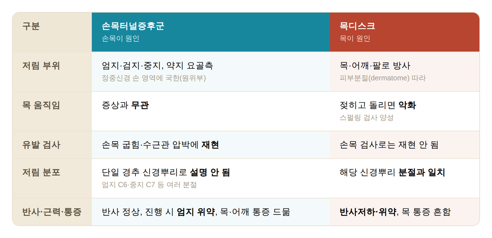 손목터널증후군과 목디스크 감별 비교표 인포그래픽 - 저림 부위, 목 움직임, 유발검사, 저림 분포, 반사·근력·통증