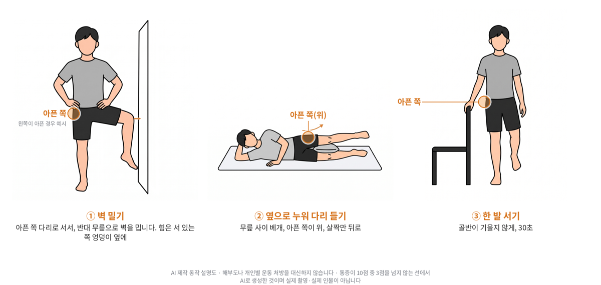 세 가지 운동을 그린 일러스트. 첫째는 한 다리로 서서 반대쪽 무릎으로 옆 벽을 미는 자세, 둘째는 옆으로 누워 무릎 사이에 베개를 끼고 위쪽 다리를 살짝 뒤로 든 자세, 셋째는 의자 등받이에 손끝을 대고 한 발로 선 자세