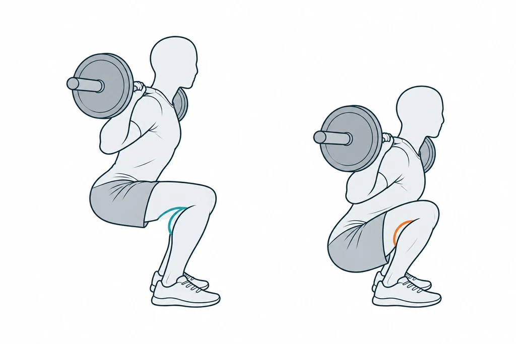 바벨을 등에 진 같은 사람을 오른쪽 옆에서 본 스쿼트 선 그림 두 개. 왼쪽은 허벅지가 바닥과 거의 평행해 무릎이 90도쯤 굽은 높이에서 멈춘 자세로 무릎 안쪽에 청록색 원호가 있다. 오른쪽은 엉덩이가 무릎보다 훨씬 아래로 내려가 허벅지 뒤가 종아리에 가까워진 깊은 스쿼트 자세로 무릎 안쪽에 주황색 원호가 있다.