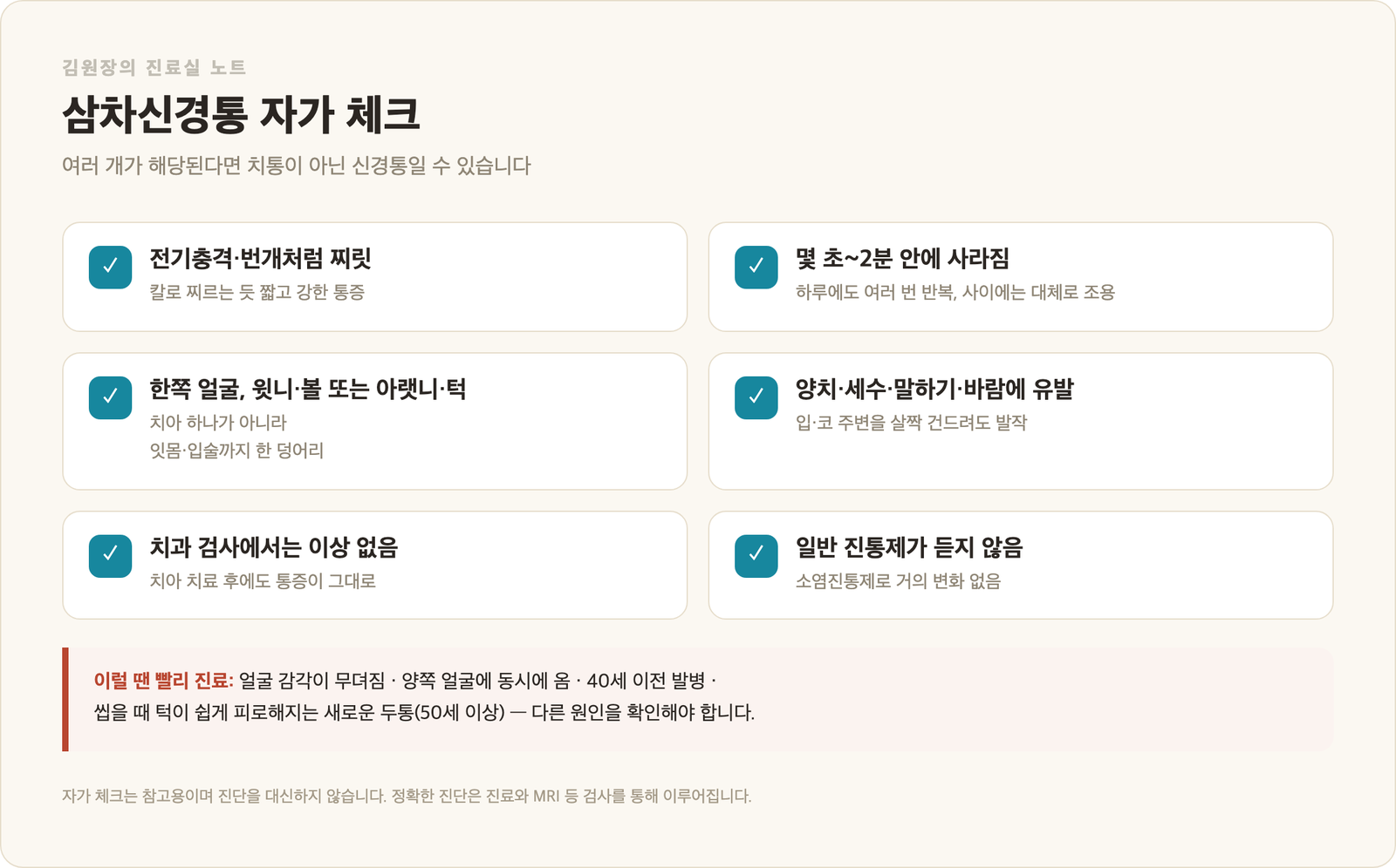 삼차신경통 자가 체크 인포그래픽 - 전기충격처럼 찌릿, 몇 초~2분 안에 사라짐, 한쪽 얼굴 윗니·볼·아랫니·턱, 양치·세수·말하기·바람에 유발, 치과 검사 정상, 일반 진통제 효과 없음, 빨리 진료가 필요한 적신호