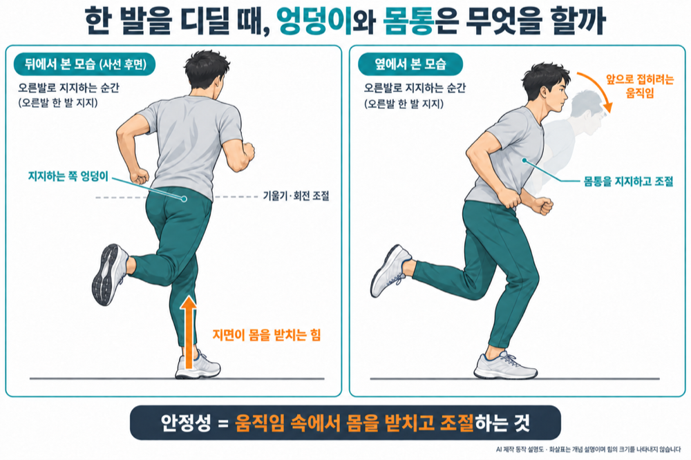한 발을 디딘 러너를 뒤와 옆에서 비교한 동작 설명도. 지면이 몸을 받치는 힘, 지지하는 쪽 엉덩이, 몸통이 앞으로 접히려는 움직임을 화살표로 표시했다