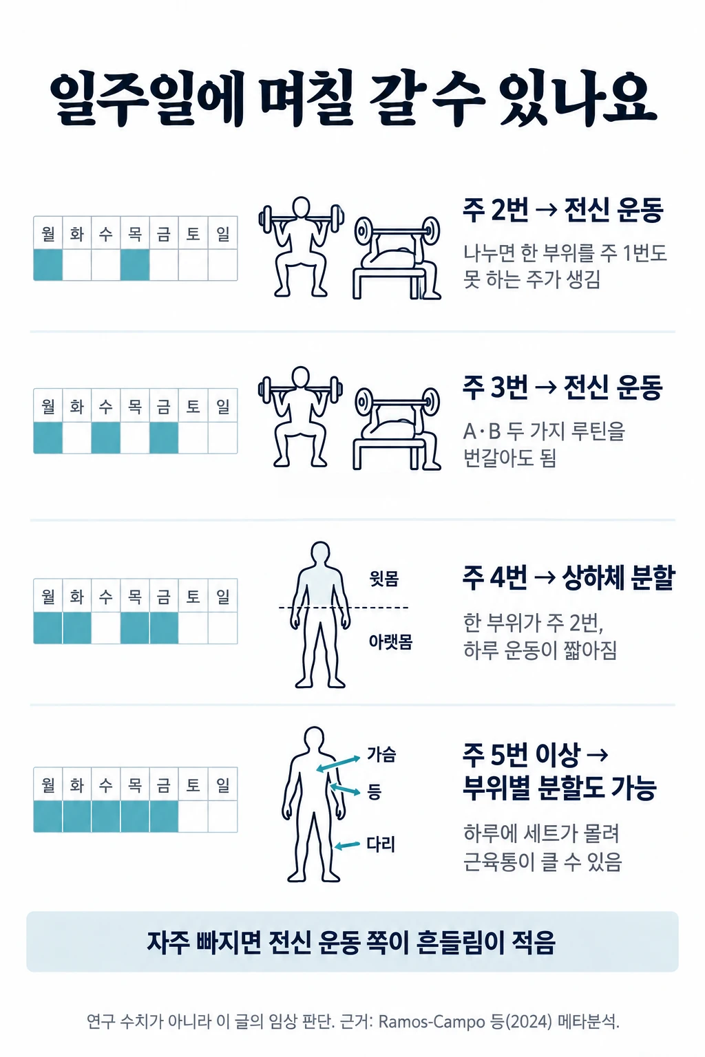 일주일에 운동할 수 있는 날의 수에 따라 루틴을 고르는 패널. 주 2번은 전신 운동, 주 3번은 전신 운동(A·B 번갈아), 주 4번은 상하체 분할, 주 5번 이상은 부위별 분할도 선택지. 자주 빠지면 전신 운동 쪽이 흔들림이 적다는 설명. 연구 수치가 아니라 이 글의 임상 판단입니다.