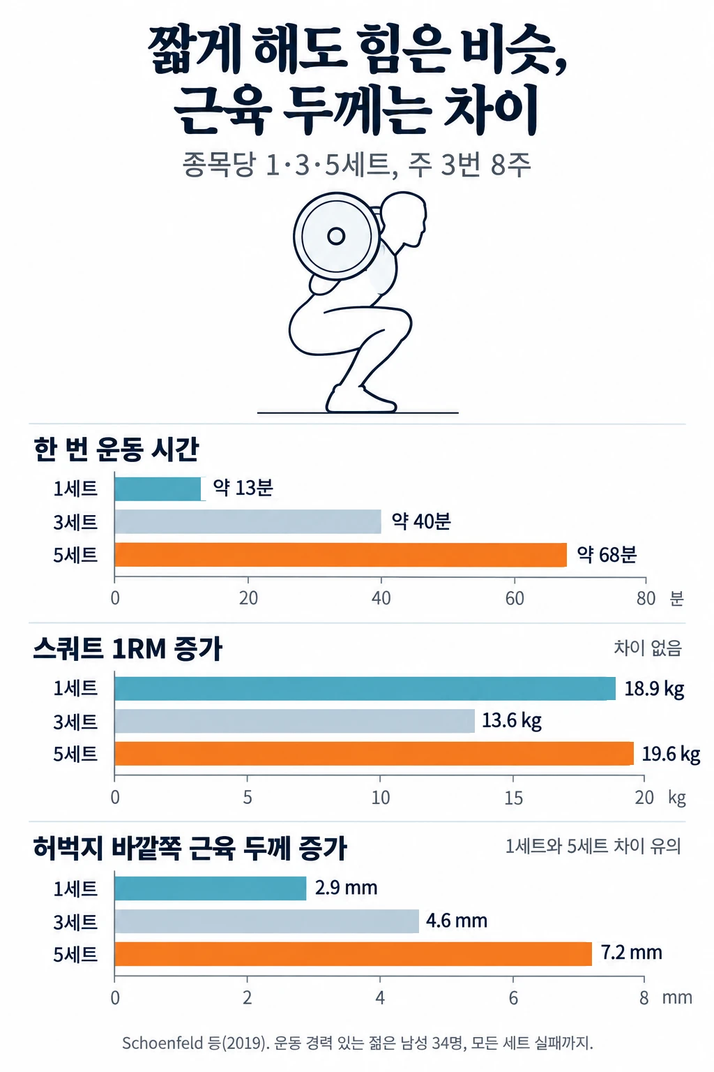 종목당 1세트, 3세트, 5세트를 8주 동안 한 세 무리를 비교한 그림. 한 번 운동 시간은 약 13분, 40분, 68분이었습니다. 스쿼트 1RM 증가는 18.9 kg, 13.6 kg, 19.6 kg으로 차이가 없었고, 허벅지 바깥쪽 근육 두께 증가는 2.9 mm, 4.6 mm, 7.2 mm로 1세트와 5세트 사이에 통계적으로 의미 있는 차이가 있었습니다.
