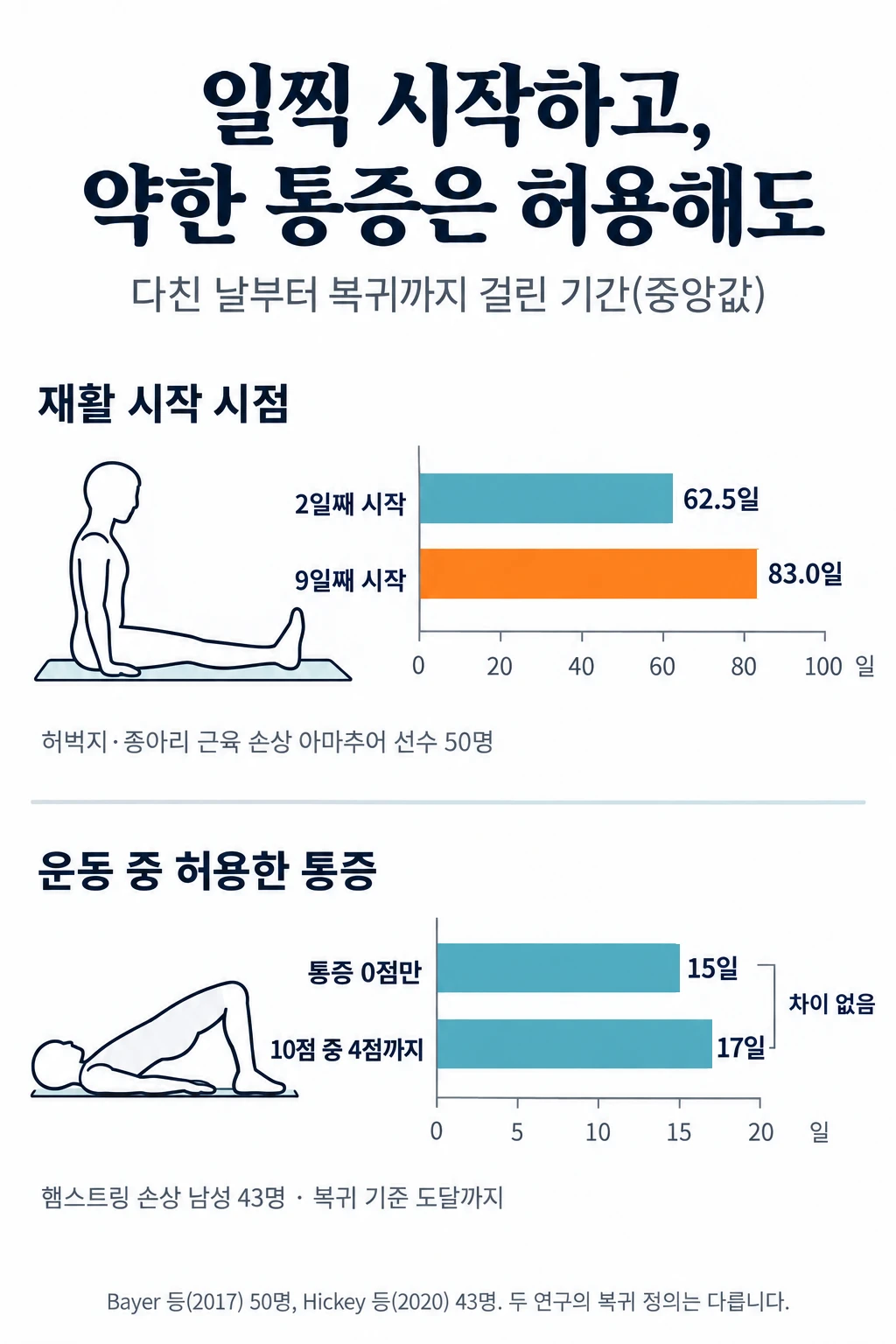 두 무작위 시험의 복귀 기간을 비교한 가로 막대그래프. 위쪽은 허벅지·종아리 근육 손상 아마추어 선수 50명 연구로, 운동 복귀까지 걸린 기간의 중앙값이 재활을 2일째 시작한 쪽 62.5일, 9일째 시작한 쪽 83.0일이었습니다. 아래쪽은 햄스트링 손상 남성 43명 연구로, 복귀 기준 도달까지의 중앙값이 통증 0점에서만 운동한 쪽 15일, 4점까지 허용한 쪽 17일로 통계적으로 의미 있는 차이가 없었습니다.